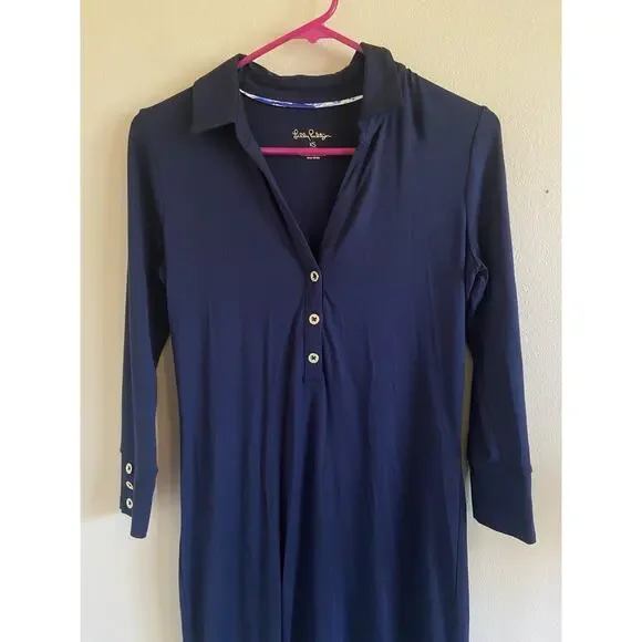 Lilly Pulitzer Navy Blue Gold Tone Button Collared Jersey Knit Dress‎ Womens XS - Picture 3 of 16